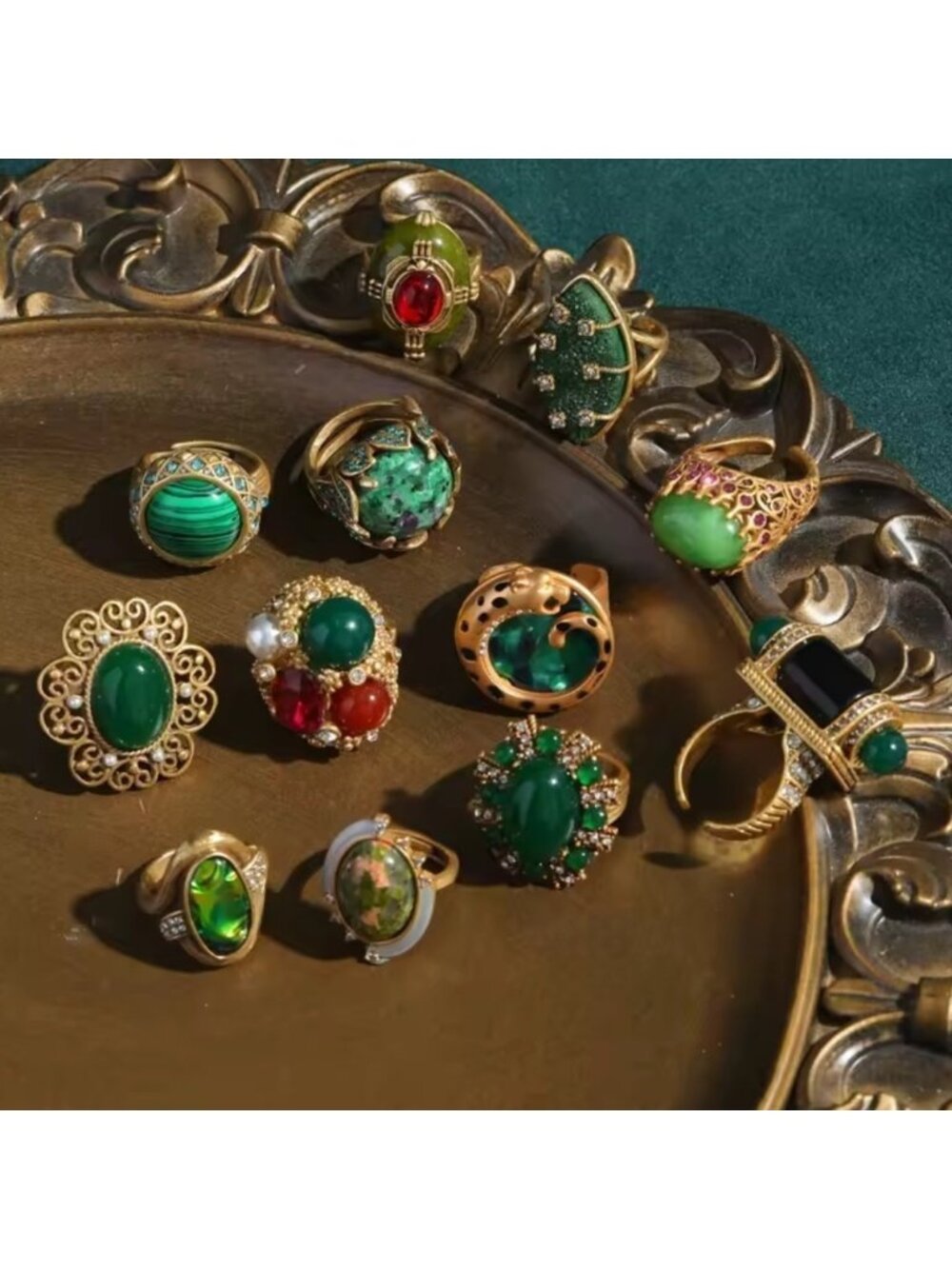 Opulent Collector’s Gem Ring Rare Ruby, Jade & Pearl in Ornate Gold Design - Picture 4 of 11